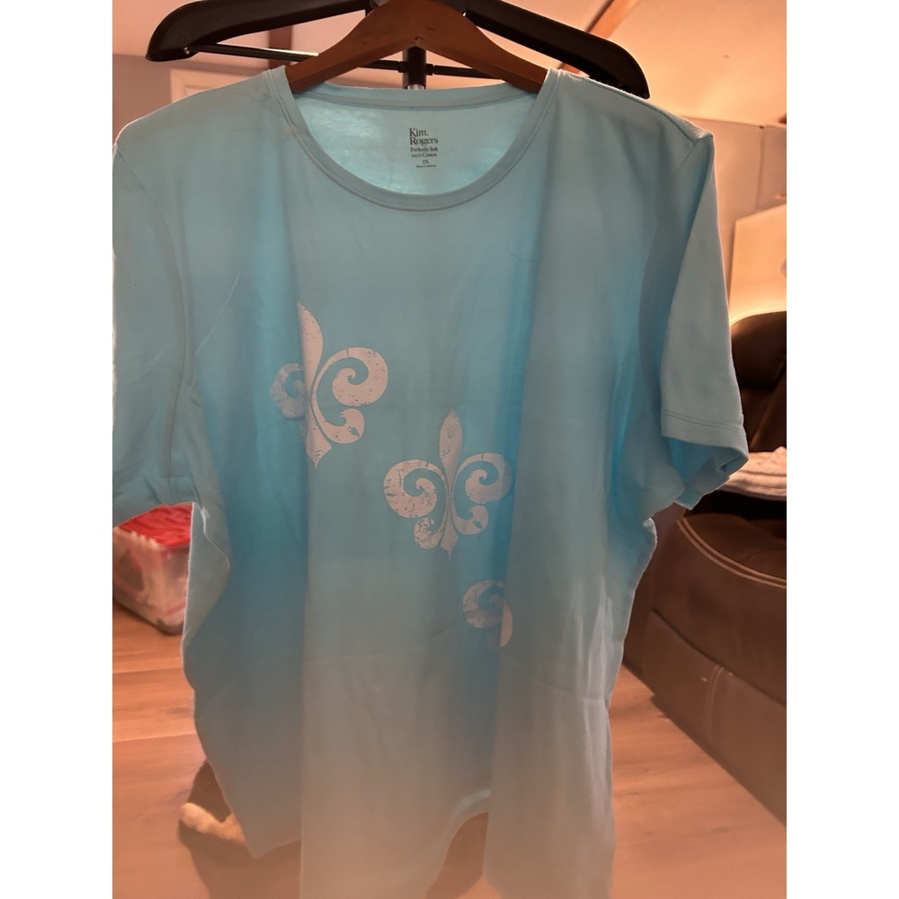 Kim‎ Roger's 2XL Agua 100% Cotton To W/ Three Fleur De Lis On Front Very Soft